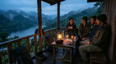 Trekkers relaxing at Boga Lake in Bandarban with a waterproof Bluetooth speaker playing music during a misty evening after a day of hiking.