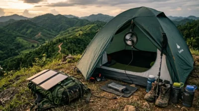 Camping fan running from a power bank at an off-grid Bandarban campsite, demonstrating how campers can keep fans charged during multi-day treks in Bangladesh.