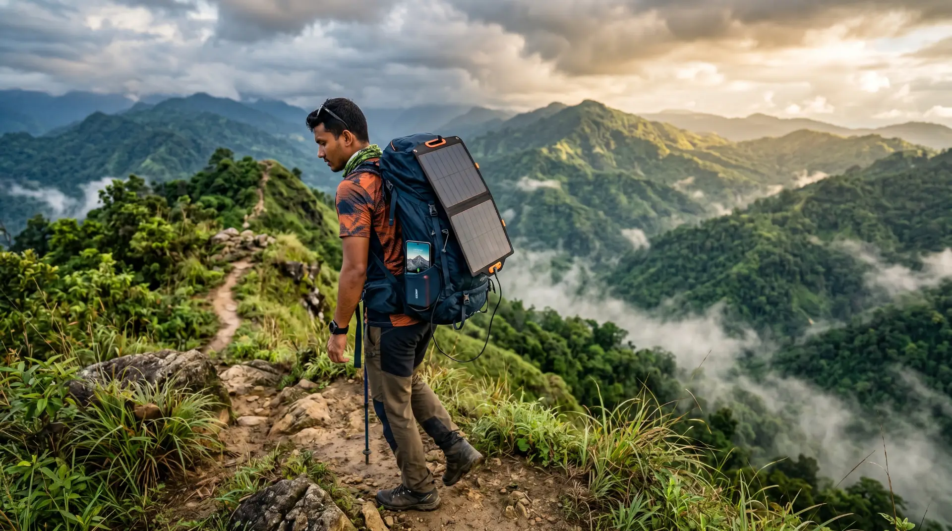 Foldable solar panel charging a power bank during a trekking trip in Bandarban under Bangladesh's cloudy monsoon sky