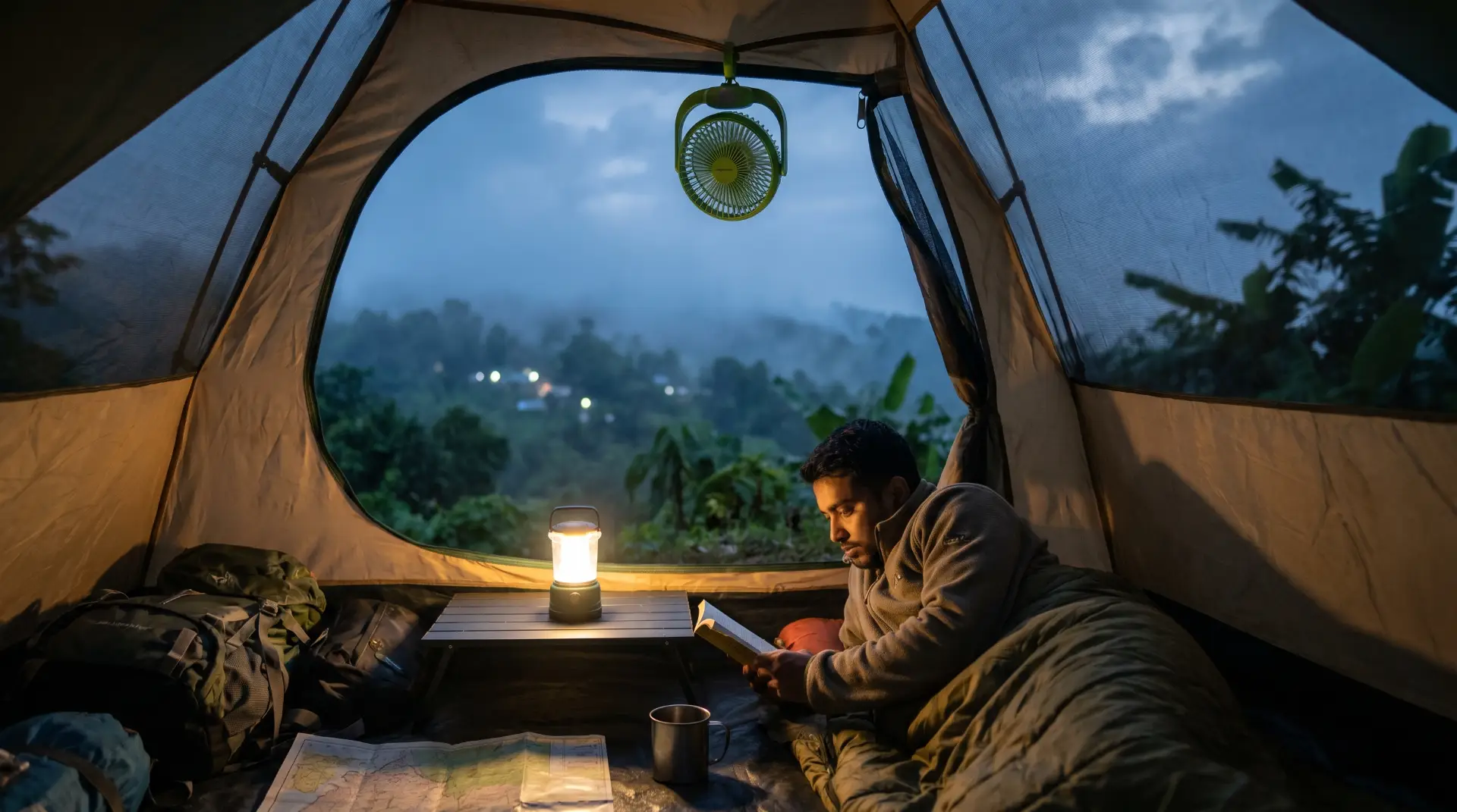 Rechargeable camping fan hanging inside a tent during a humid camping trip in Sajek Valley, Bangladesh.