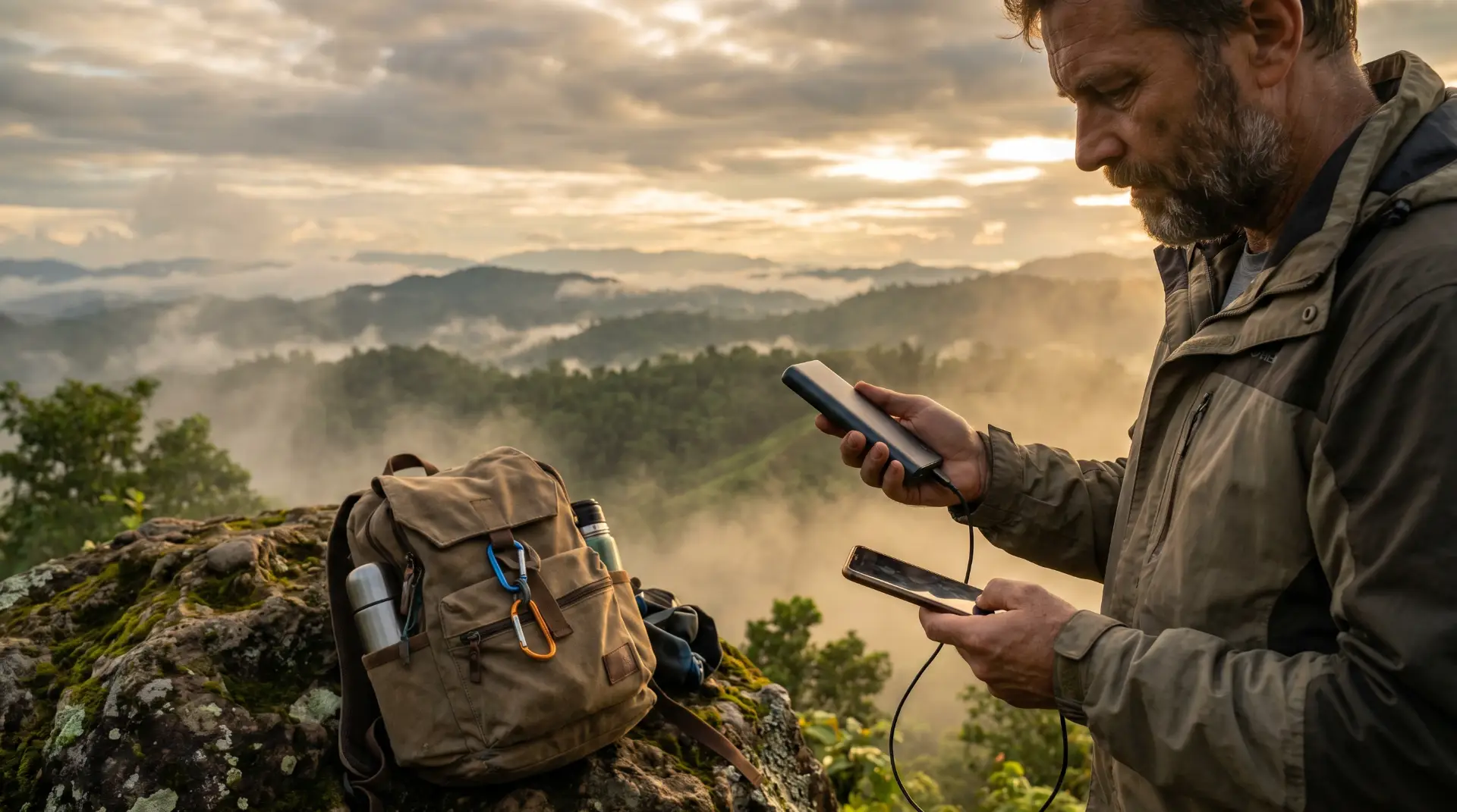 Traveler using a high-capacity travel power bank during an outdoor adventure in Bandarban, Bangladesh.