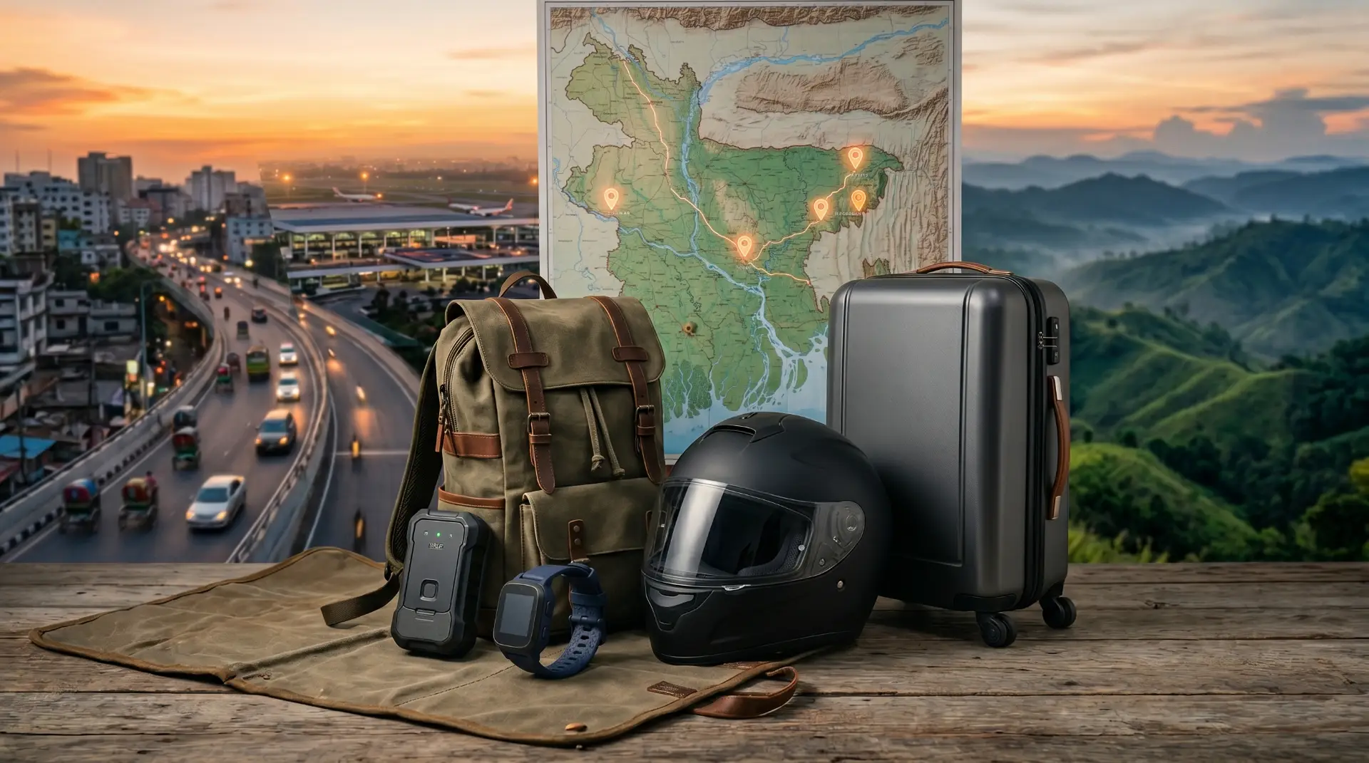 GPS tracker devices for vehicles, luggage and personal travel displayed with a backpack, suitcase and smartwatch against a Bangladesh travel background.