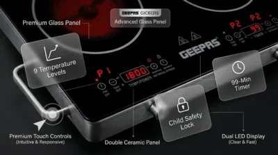 Close-up infographic of Geepas GIC6131S digital touch controls, timer display, and safety features.