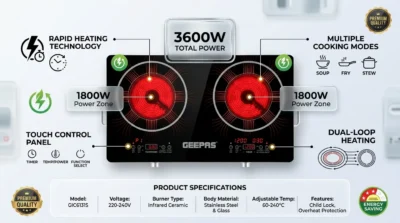 Infographic illustrating the dual 1800W burners and total 3600W power of the Geepas infrared cooker.