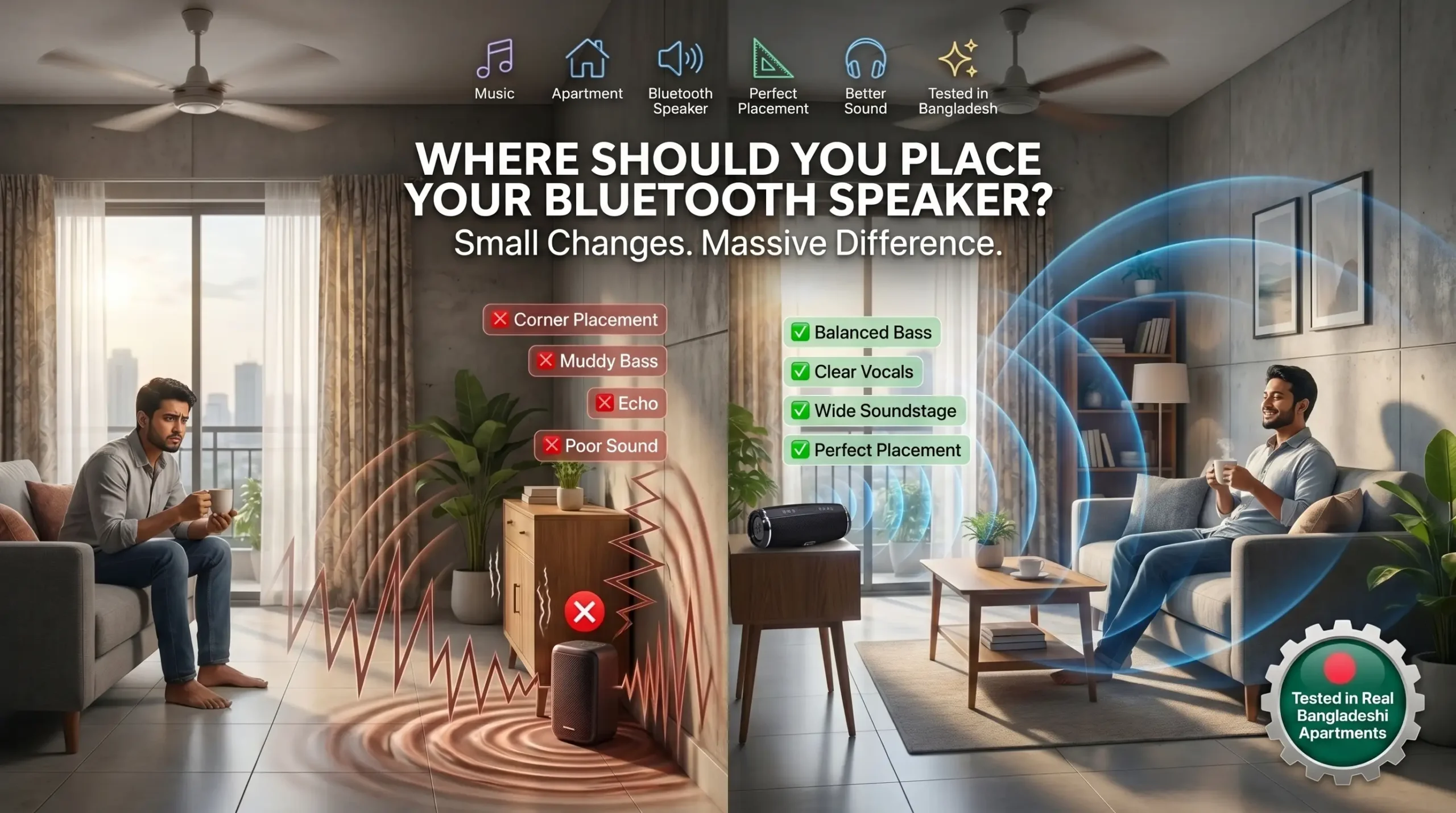 Guide for optimal Bluetooth speaker placement in a living room to improve sound quality and eliminate muddy bass.