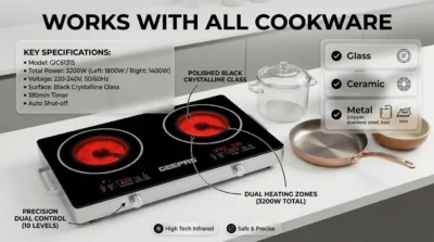 Infographic showing Geepas GIC6131S universal cookware compatibility with glass, ceramic, and metal pots.