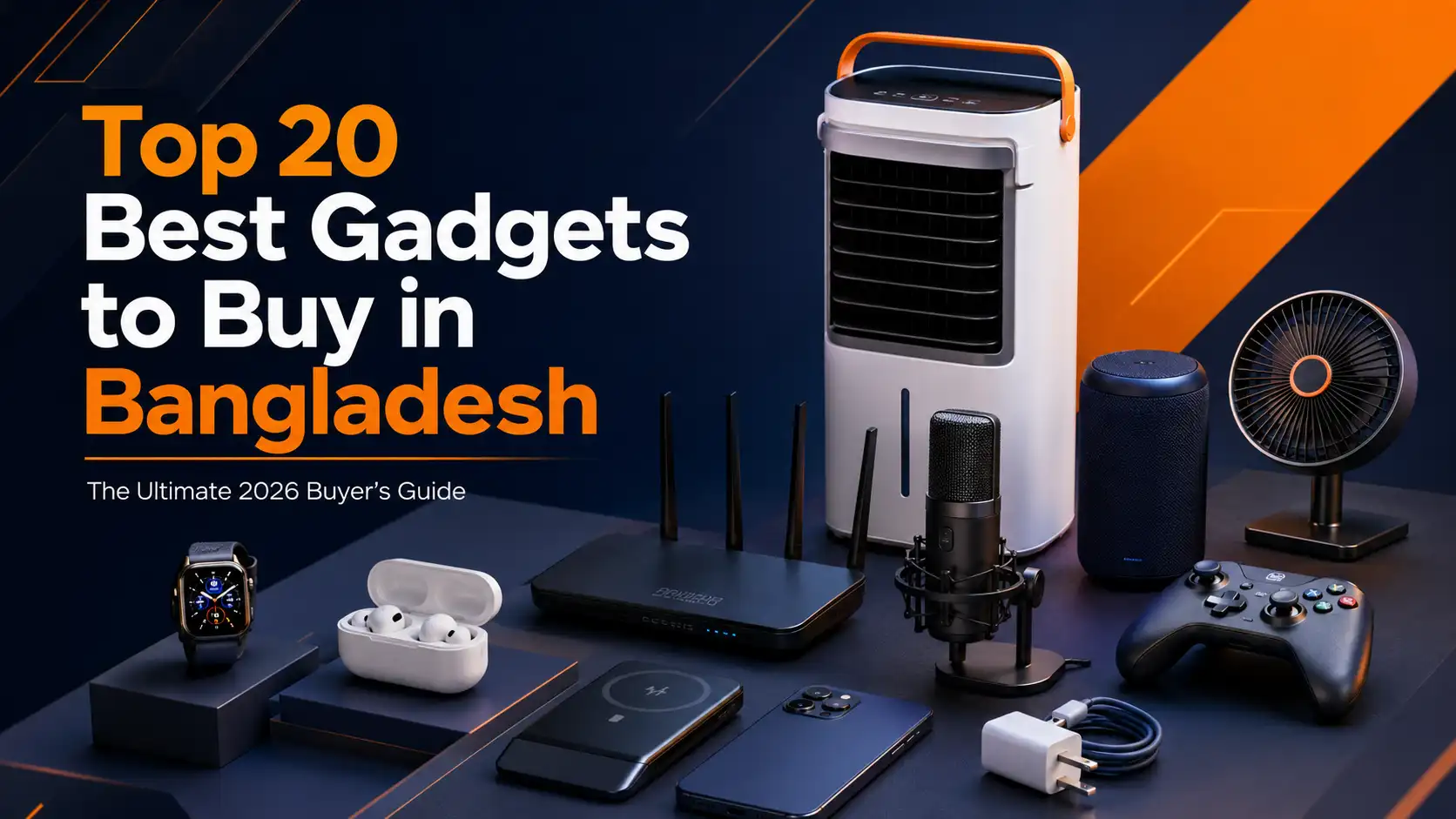 Collection of the best technology gadgets available in Bangladesh including smartwatches, earbuds, power banks, speakers, and accessories