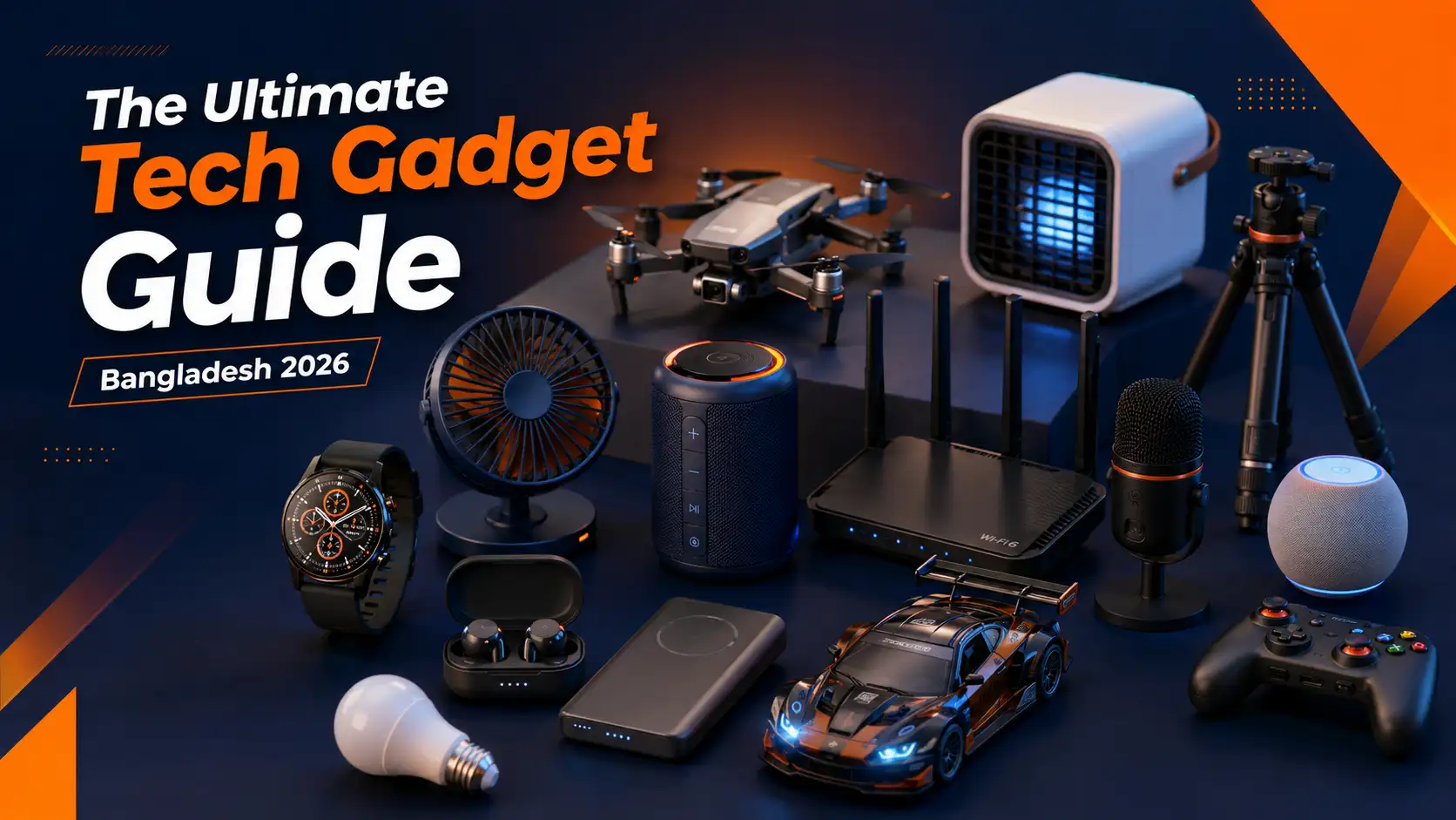 Collection of the best technology gadgets in Bangladesh including smartwatches, wireless earbuds, routers, RC toys, creator accessories, speakers, and power banks