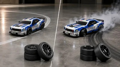 RC drift car sliding sideways beside a standard RC racing car with interchangeable drift and racing tires on a smooth indoor floor.