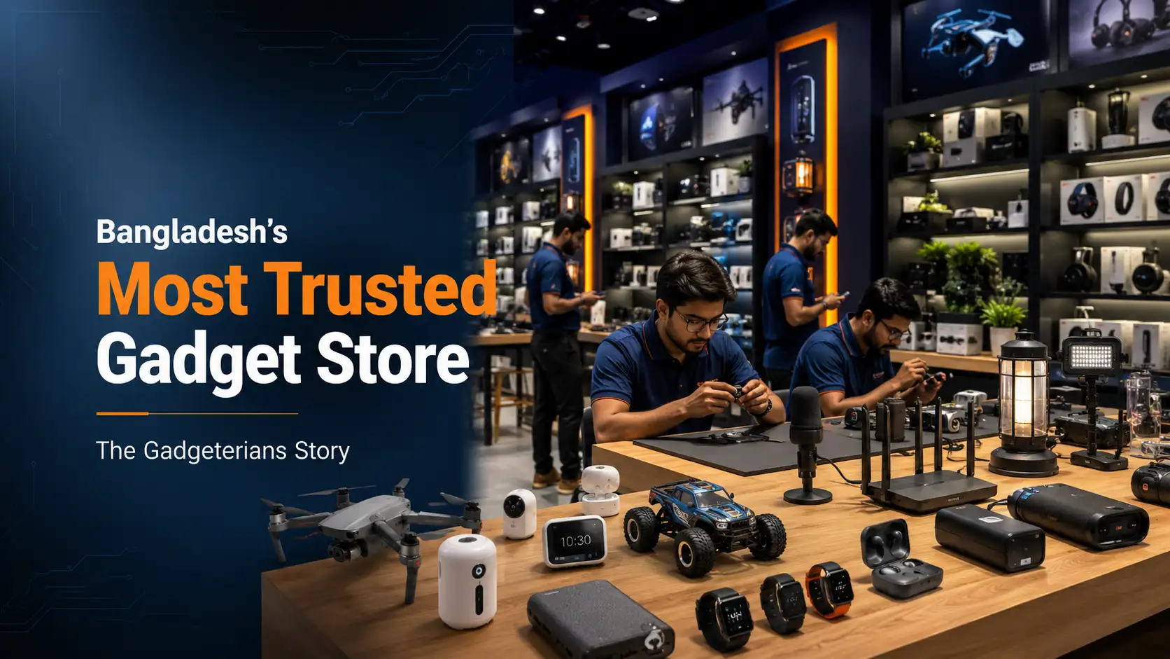 Modern Gadgeterians showroom with premium gadgets including smartwatches, wireless earbuds, routers, RC toys, and creator accessories representing Bangladesh's trusted gadget store.