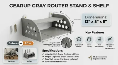 Infographic showing a gray wall-mounted router stand with dimensions 12x8x5 inches and integrated cable management slots for a clean workspace.