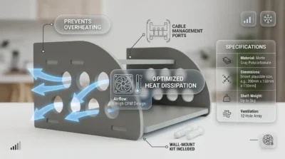 Technical infographic of a gray router stand illustrating side ventilation holes and open-shelf design for improved airflow and cooling.