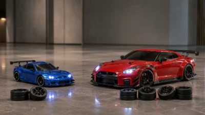 Side-by-side comparison of 1:20 and 1:16 RC drift cars with LED lights and interchangeable drift and racing tire sets on a polished indoor floor.