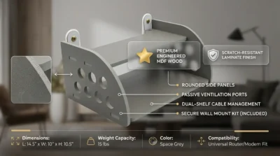 Product close-up infographic highlighting the gray laminate finish and engineered MDF wood construction of the GearUp rounded-side router stand.
