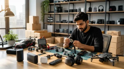 Technology entrepreneur testing consumer gadgets in a modern workspace surrounded by smart devices, RC products, and packaged orders ready for delivery.