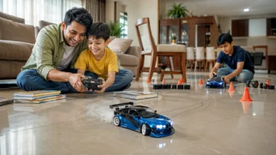 Parent helping a young child drive a 1:20 RC drift car while an older child independently navigates an indoor drift track in a modern home.