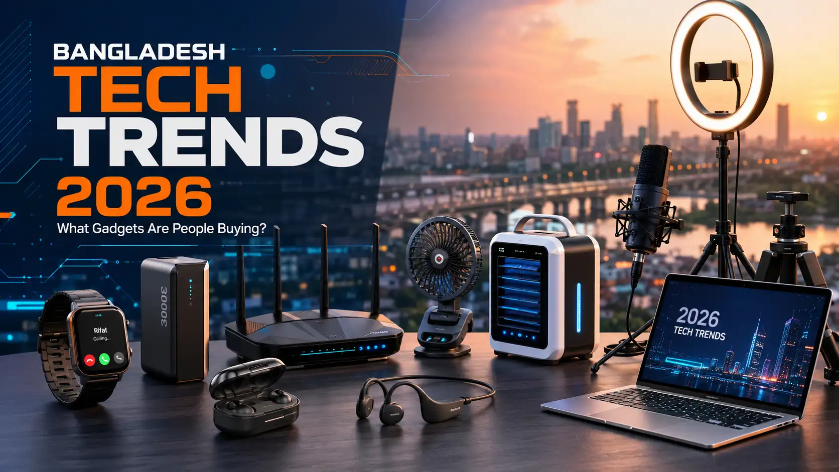 Collection of Bangladesh's most popular gadgets in 2026 including smartwatches, power banks, Wi-Fi routers, rechargeable fans, earbuds, creator accessories, and cooling gadgets.