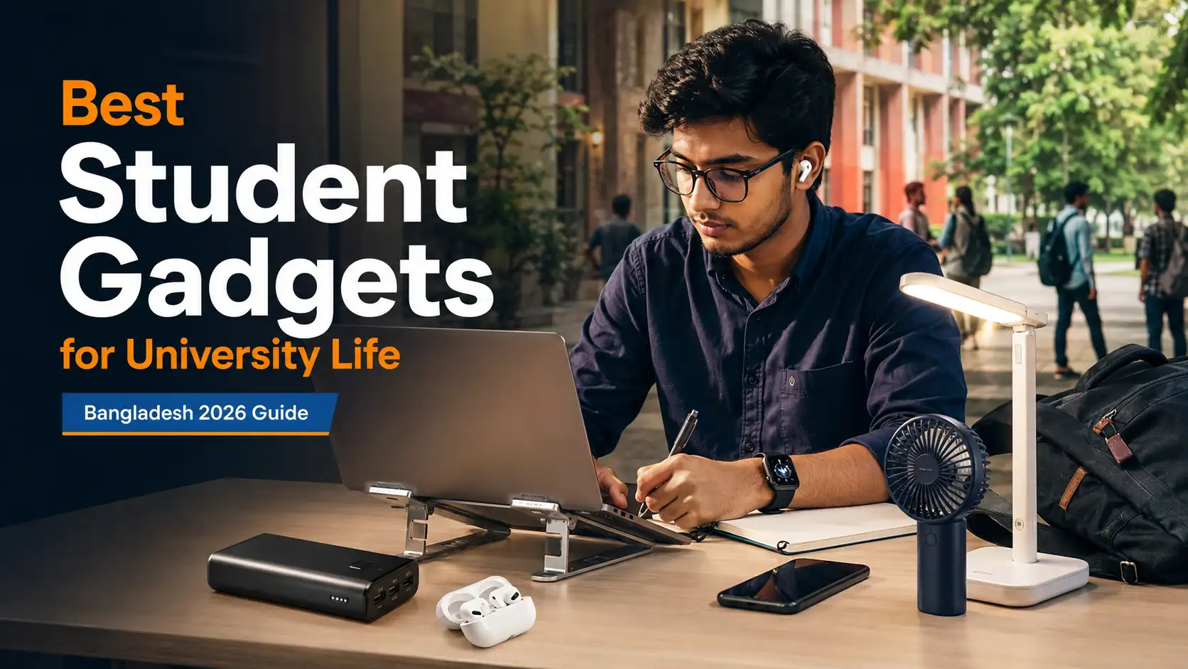 Modern university student using essential gadgets including a power bank, wireless earbuds, smartwatch, laptop stand, study lamp, and rechargeable fan in Bangladesh.