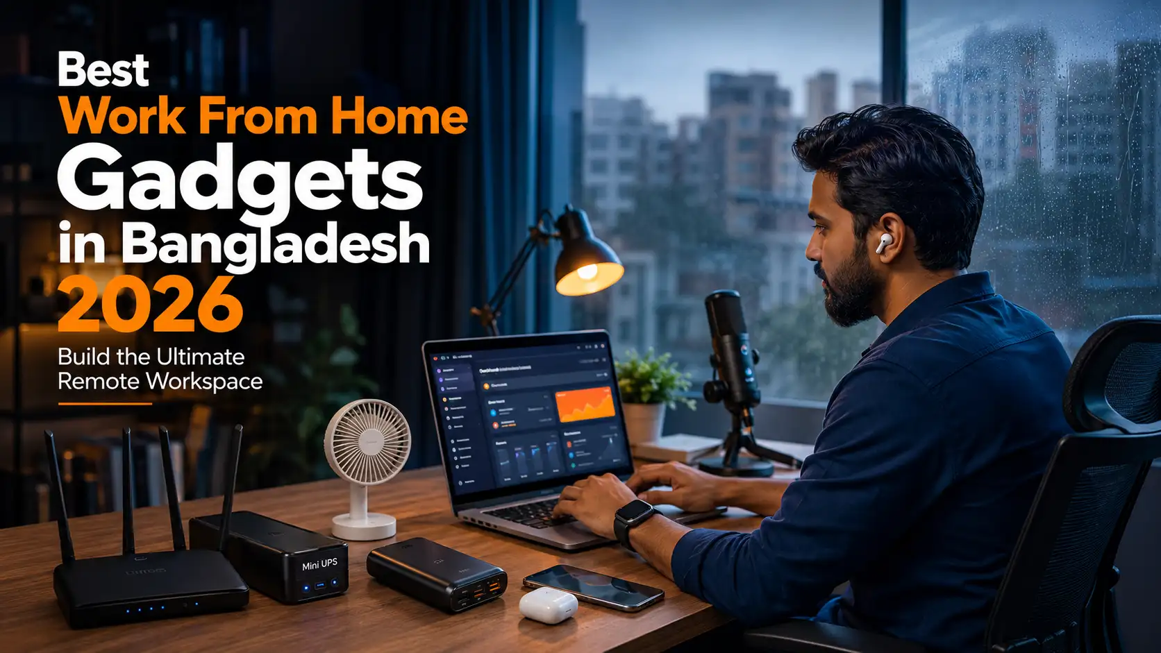 Modern home office setup in Bangladesh featuring a Wi-Fi router, Mini UPS, ANC earbuds, rechargeable fan, power bank, microphone, and laptop for remote work.