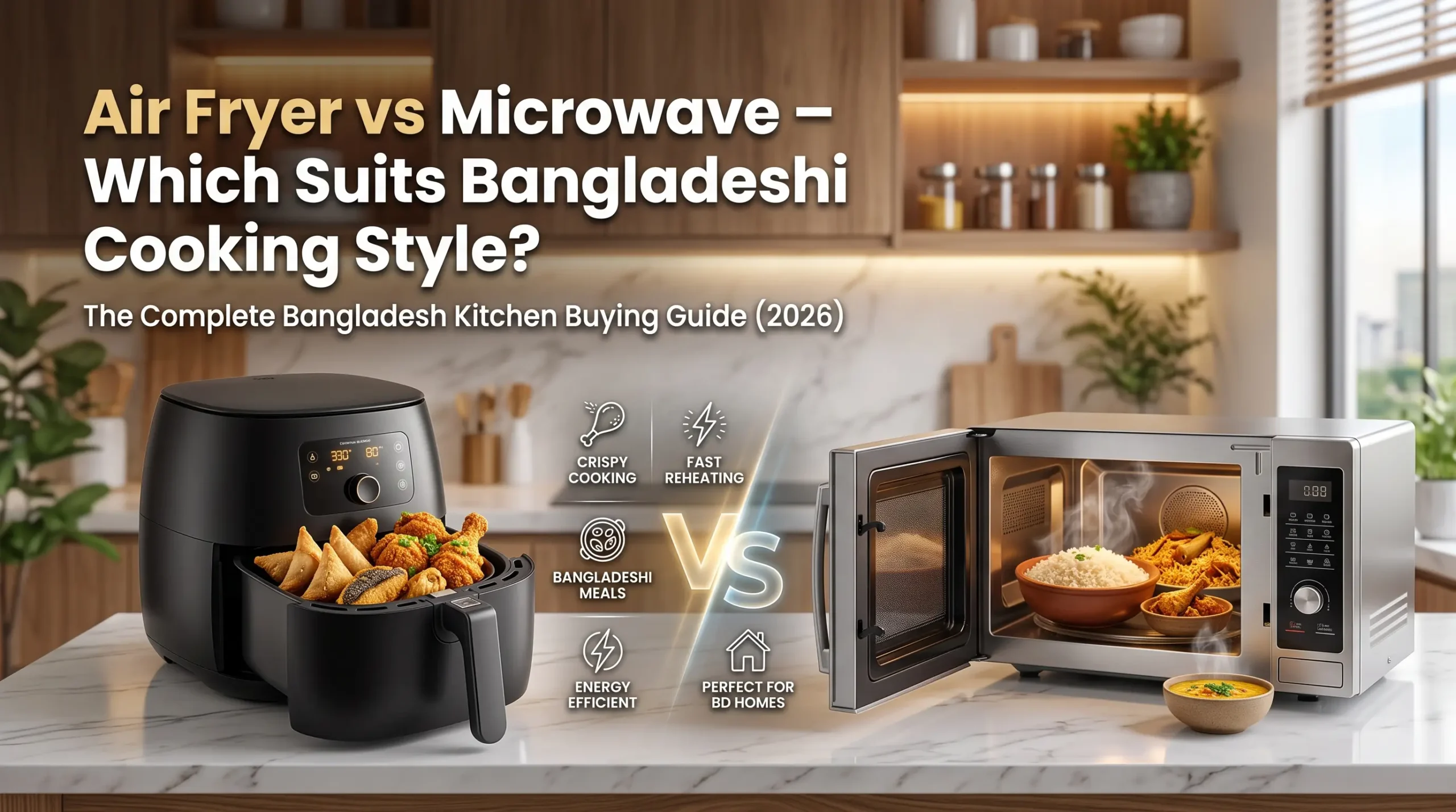 Comparison of a black air fryer and silver microwave for Bangladeshi cooking, featuring snacks and traditional meals.