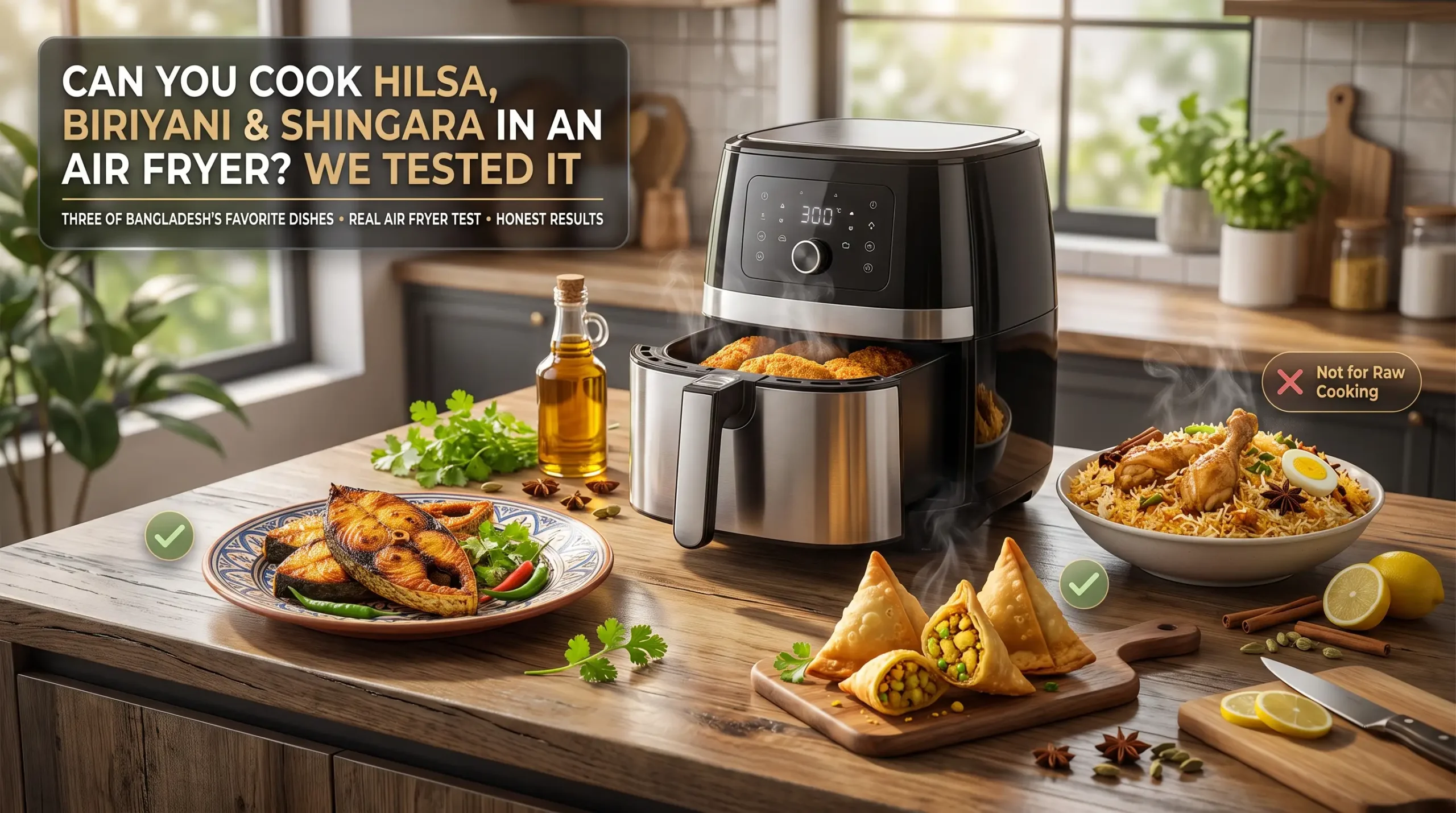 Air fryer test for Hilsa, Biryani, and Shingara. Comparing cooking results for popular Bengali dishes on a kitchen counter.