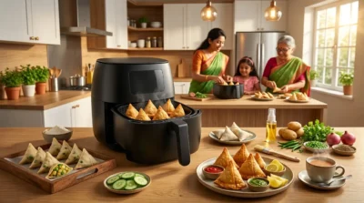Steaming samosas in a black air fryer on a kitchen counter with an Indian family preparing healthy snacks nearby.