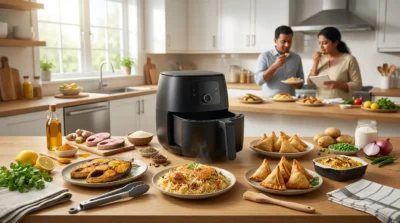 Black air fryer on a kitchen counter with samosas and fish dishes, highlighting healthy home-cooked meals.