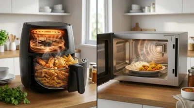 Comparison of an air fryer's convection fan and a microwave's heating waves, both cooking food in a kitchen setting.