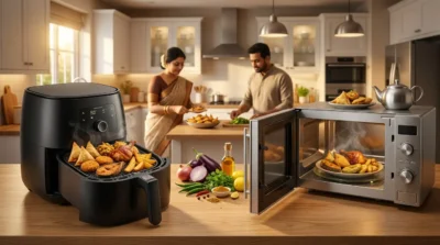 Black air fryer and silver microwave oven filled with snacks like samosas and chicken in a modern kitchen.