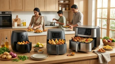 Three air fryers filled with snacks on a kitchen counter while a family prepares a healthy meal in the background.
