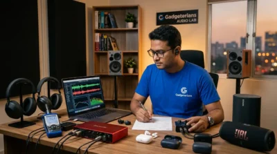 Gadgeterians audio specialist evaluating Bluetooth speakers, earbuds, and headphones in a professional listening and sound testing studio.