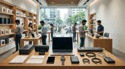 Modern electronics store displaying a laptop, smartwatch, and tech accessories on a wooden table with customers.