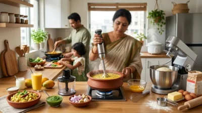 Woman using a hand blender in a clay pot in a family kitchen with a stand mixer and fresh ingredients.