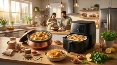 Modern air fryer cooking chicken biryani next to a traditional copper pot and spices in a bright, sunlit kitchen.