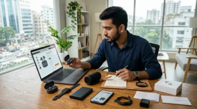 Man reviewing wireless earbuds at a desk with tech gadgets like a laptop, smartwatch, and speaker in a home office.