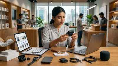 Tech store employee inspecting wireless earbuds at a desk with electronics, including a laptop and smartwatch.