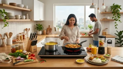 Couple using a double burner induction cooktop to prepare healthy meals in a modern, bright kitchen.