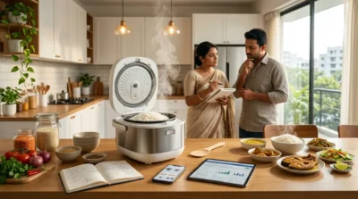 Indian couple in a modern kitchen with a steaming electric rice cooker, fresh ingredients, and prepared meals.
