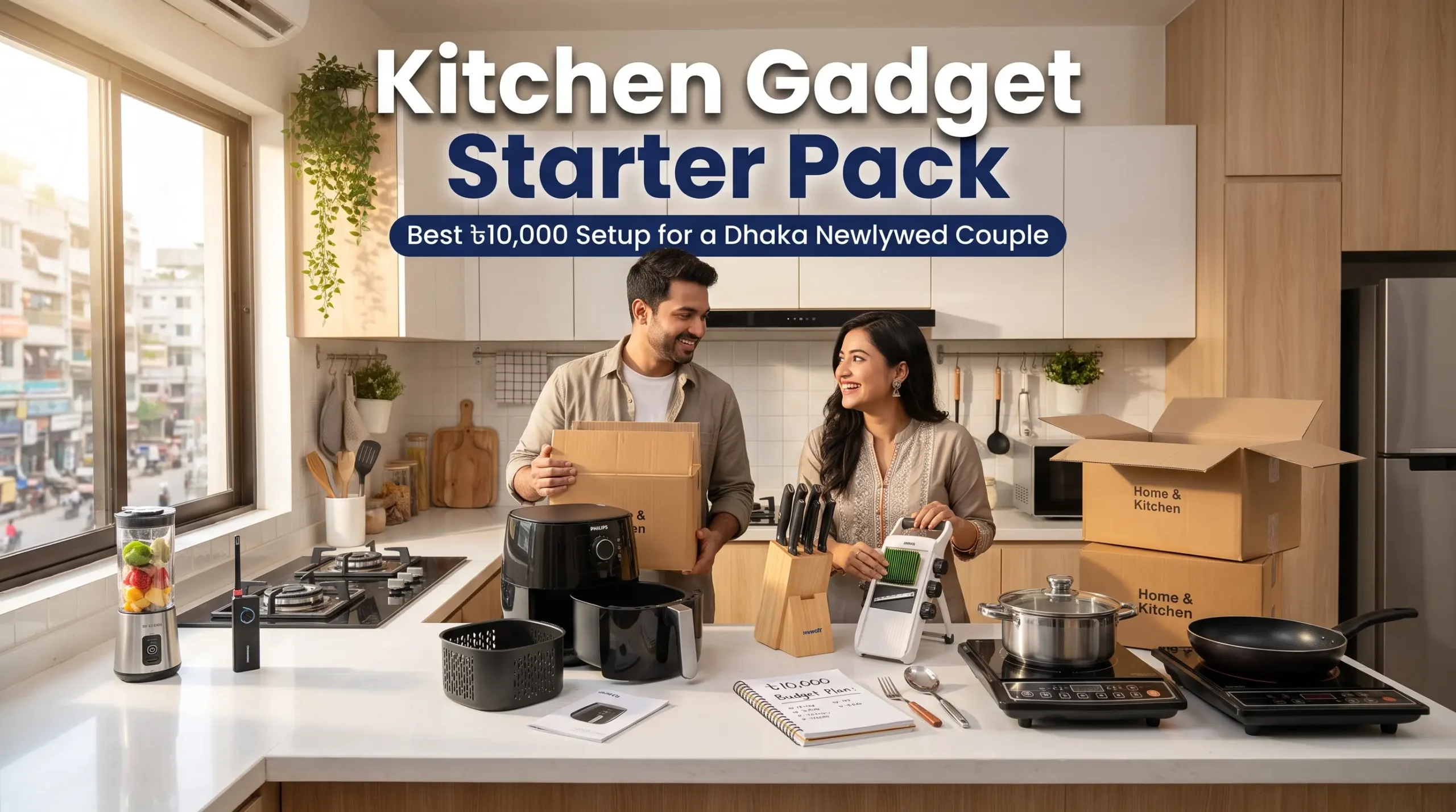 Newlywed couple in Dhaka unboxing budget kitchen gadgets like an air fryer, blender, and cookware for their new home.