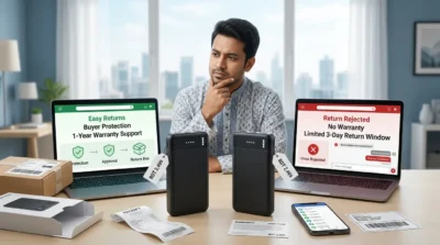 Man compares power bank deals online, contrasting easy returns and warranty with a rejected return and no protection.