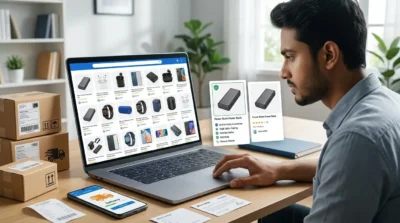 Man comparing electronic products on a laptop with shipping boxes and a mobile delivery app nearby.
