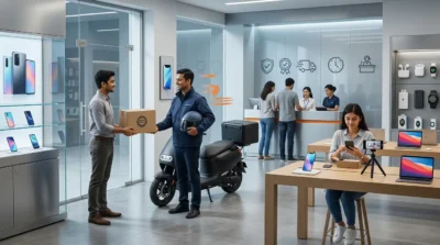 Courier delivering a package in a modern tech store with smartphones, laptops, and a customer filming an unboxing.