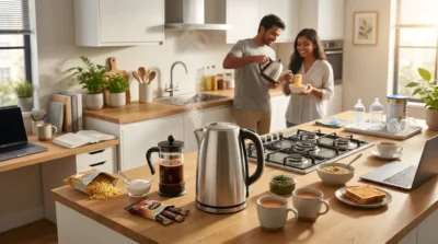 Steaming stainless steel electric kettle on a wooden kitchen counter with a French press and breakfast items.