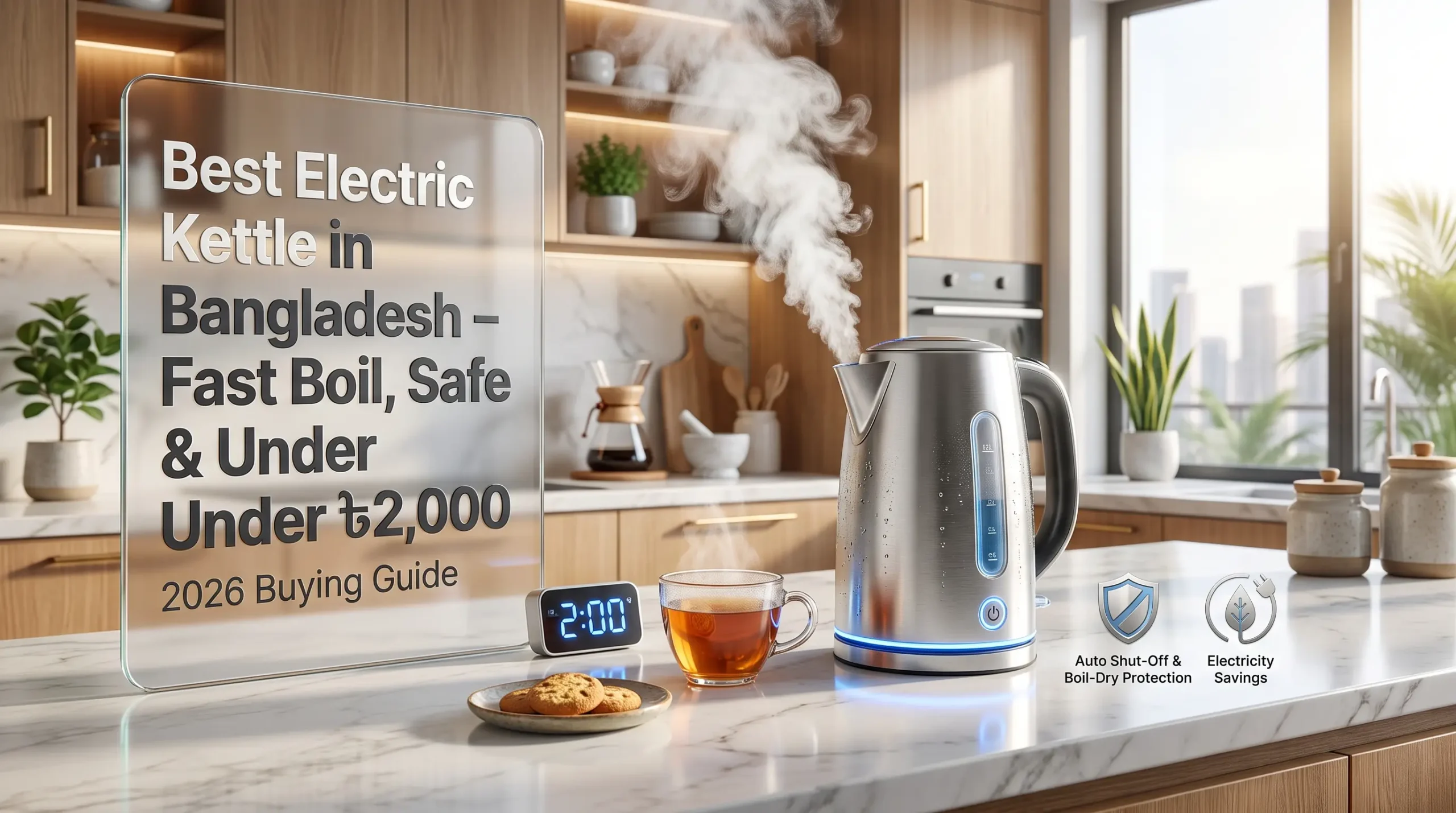 Steaming stainless steel electric kettle in a modern kitchen, part of a 2026 kettle buying guide for Bangladesh.