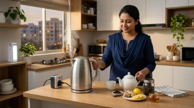 Woman using a steaming stainless steel electric kettle to prepare tea with lemon and ginger in a modern kitchen.