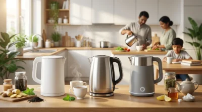 Three modern electric kettles on a kitchen counter with tea ingredients and a family in the background.