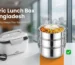 Comparison of electric lunch box and heat-retaining stainless steel tiffin with steaming food in a modern office.