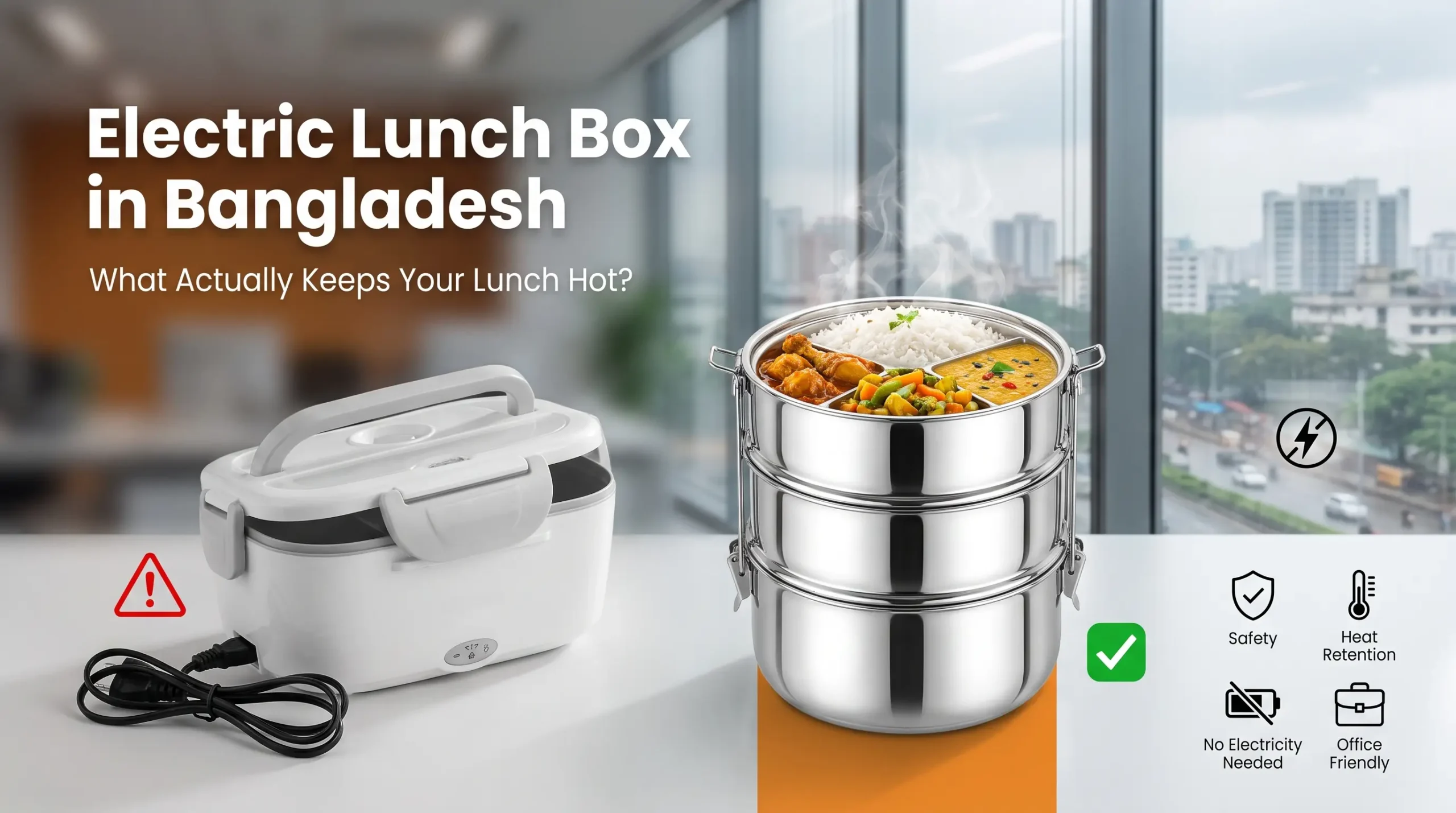 Comparison of electric lunch box and heat-retaining stainless steel tiffin with steaming food in a modern office.