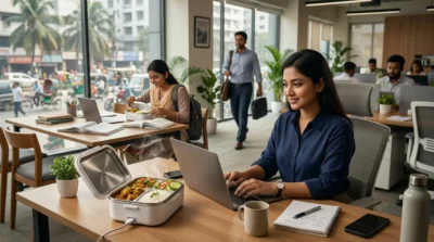 Professional woman working at her desk with an electric heated lunch box containing a steaming hot meal.