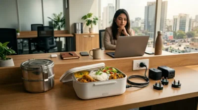 Portable electric food warmer and lunch box with rice and curry on an office desk, plugged in for a hot meal.